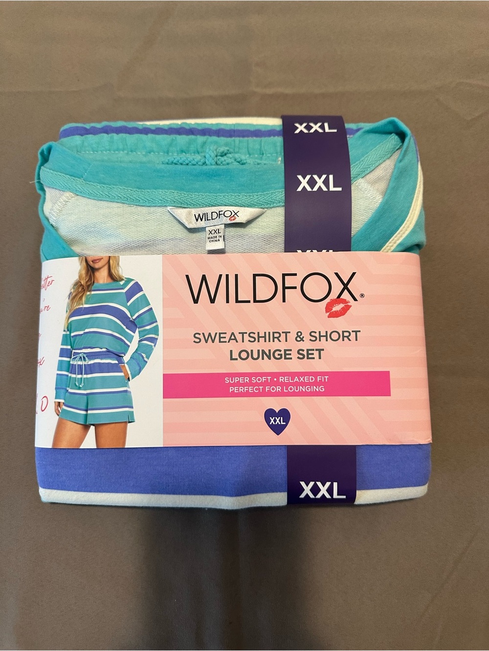 WILDFOX Striped Sweatshirt & Short Lounge Set in Turquoise & Blue (XXL)